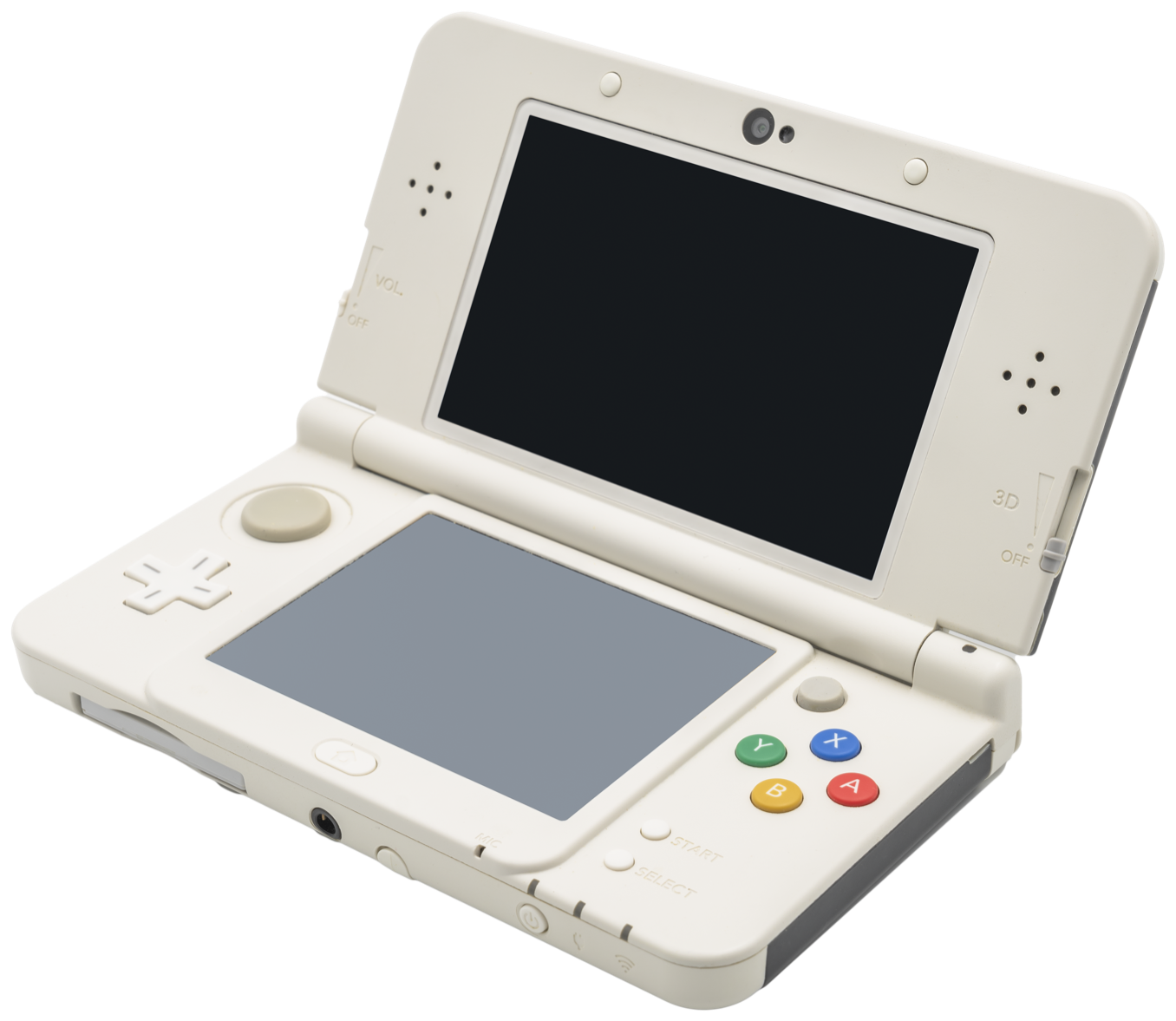 An open white New Nintendo 3DS, seen from the front at an angle, running 3dsDL. The top screen shows a download in progress; the touch screen shows where it is being saved and a Cancel button.