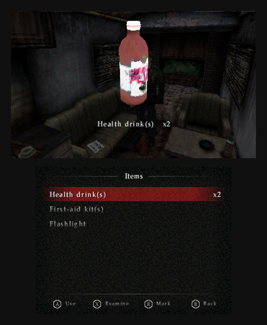 The Items screen: a health drink’s turning model and name on the top screen, and the item list with Use, Examine, Mark and Back on the touch screen