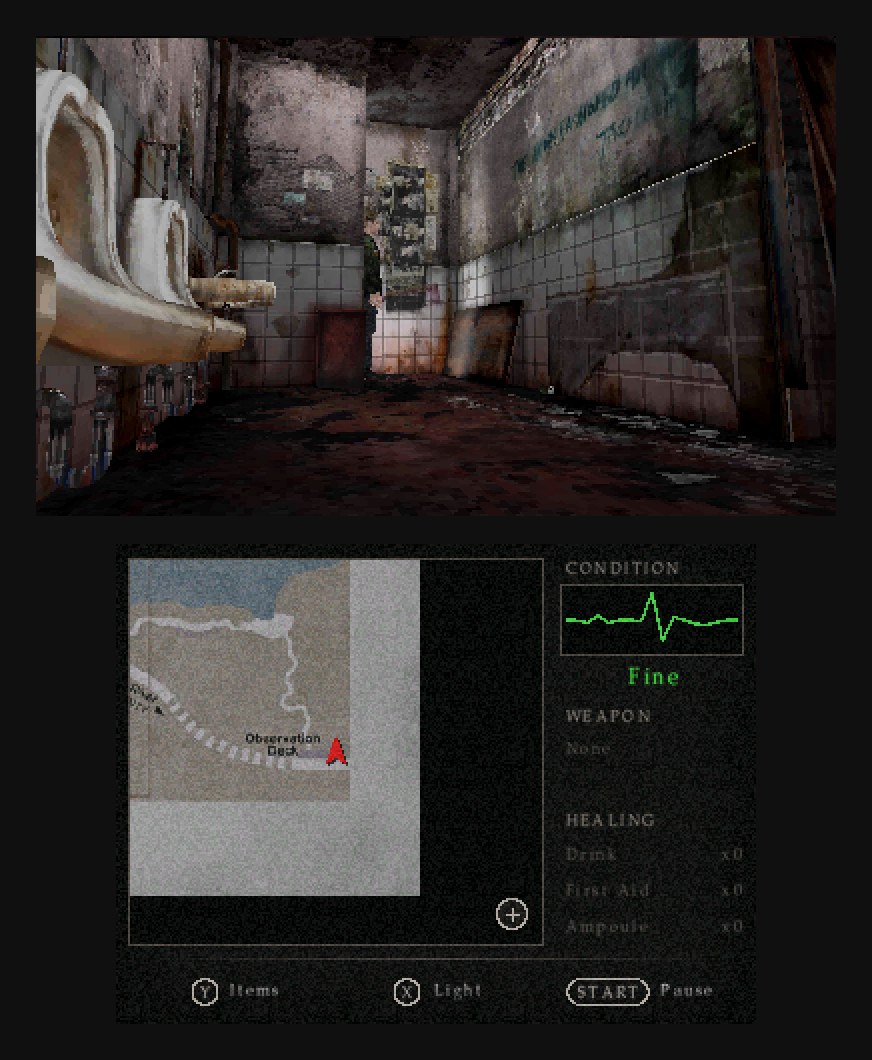 The restroom from the start of the game on the top screen, with the play page on the touch screen: the map of the Observation Deck with James’ position, his condition as a heartbeat line, and his healing items