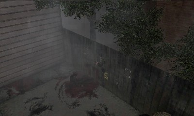 A street in the fog with a blood stain